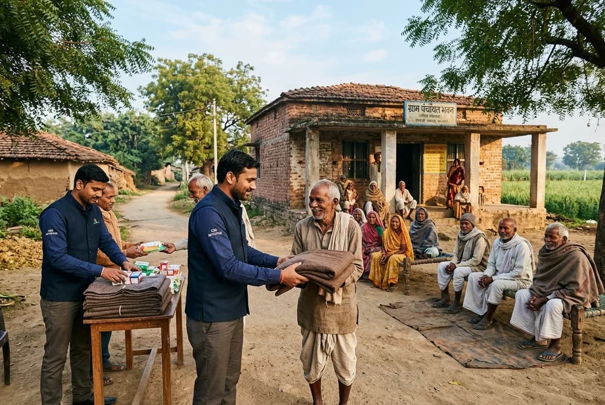 Sai Infratel winter blanket and supply distribution in rural MP village