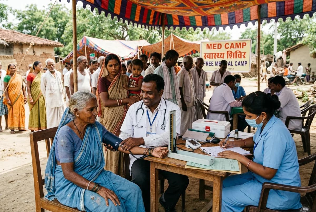 Free community health camp with doctor examining rural villagers under shamiana