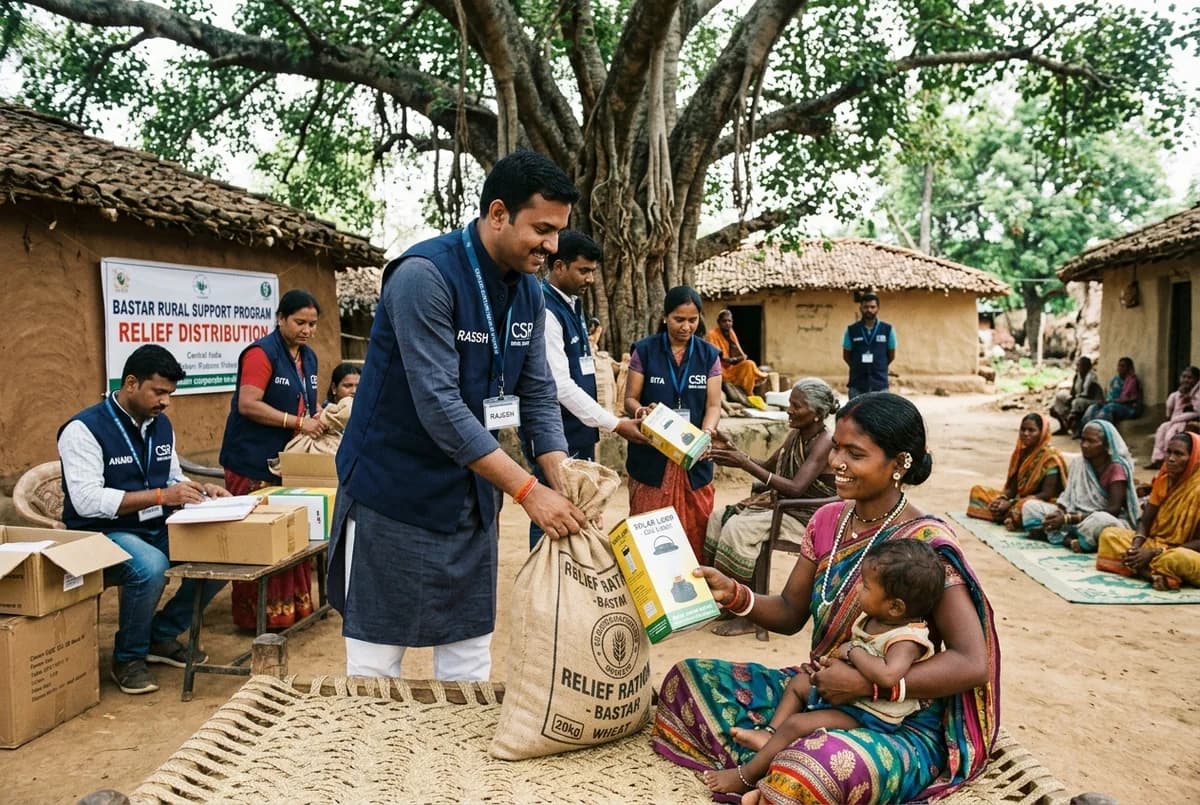 Bastar rural relief distribution with solar lamps and essential supplies by Sai Infratel