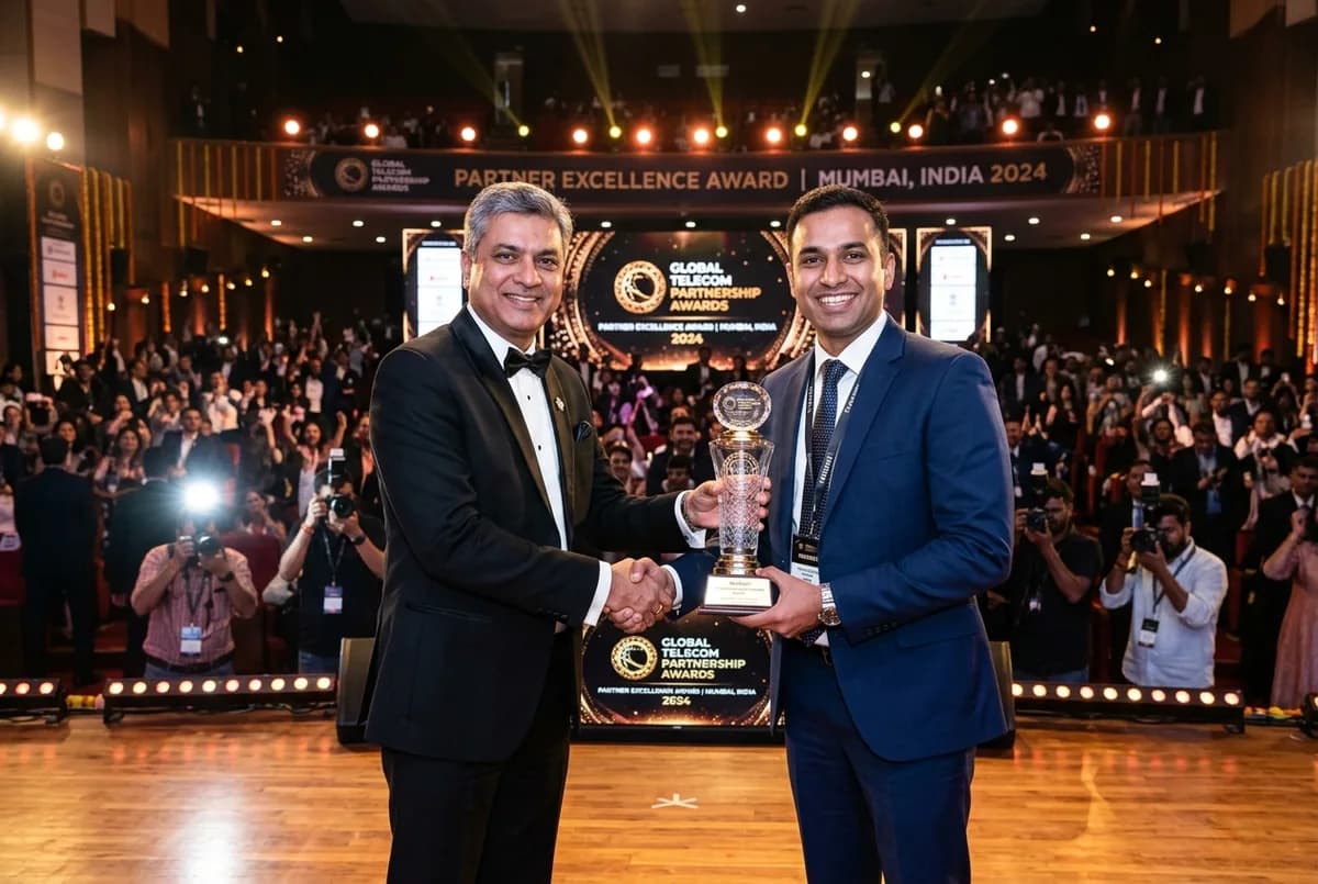 Partner excellence crystal trophy presentation on illuminated grand stage