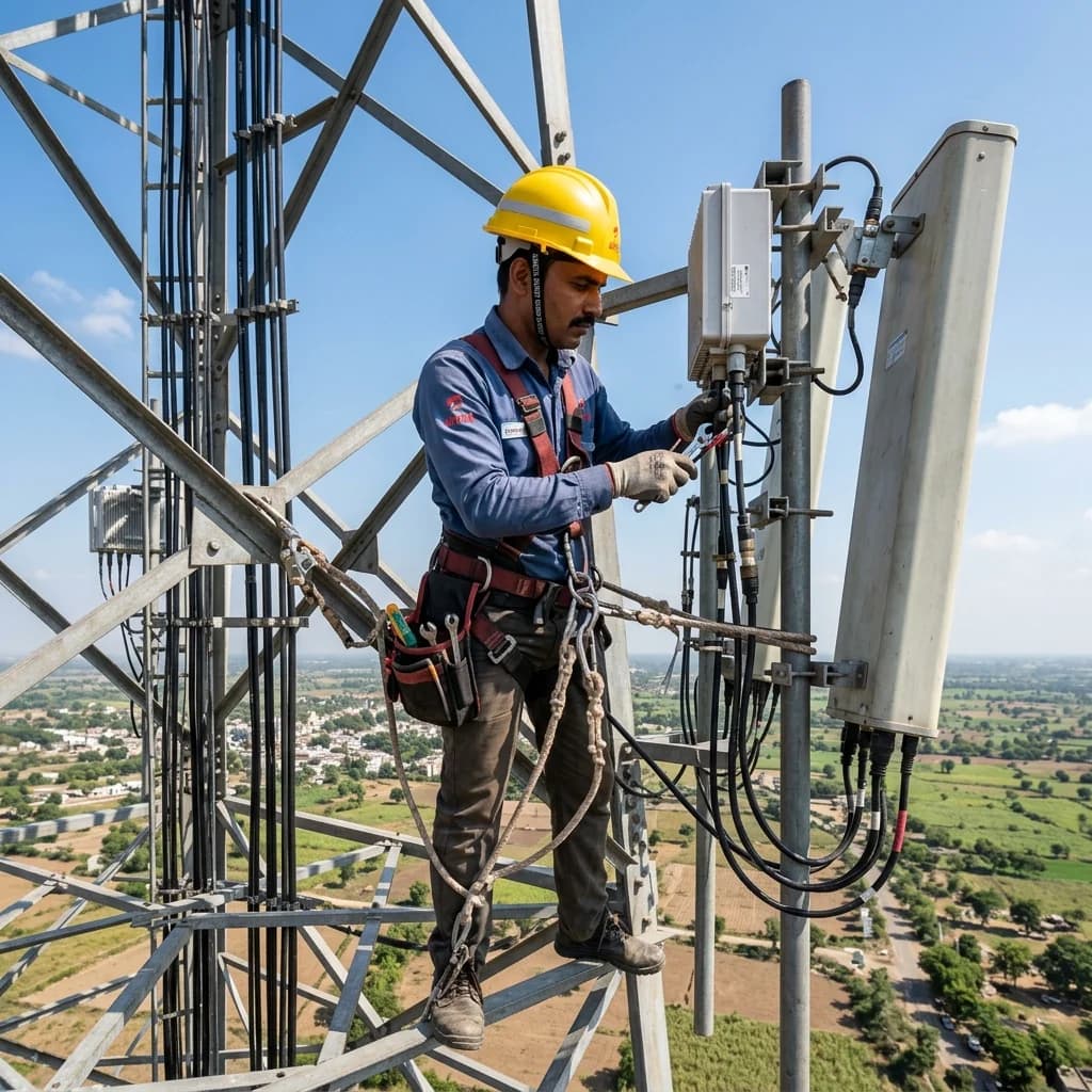Telecom tower maintenance and rigging team on site
