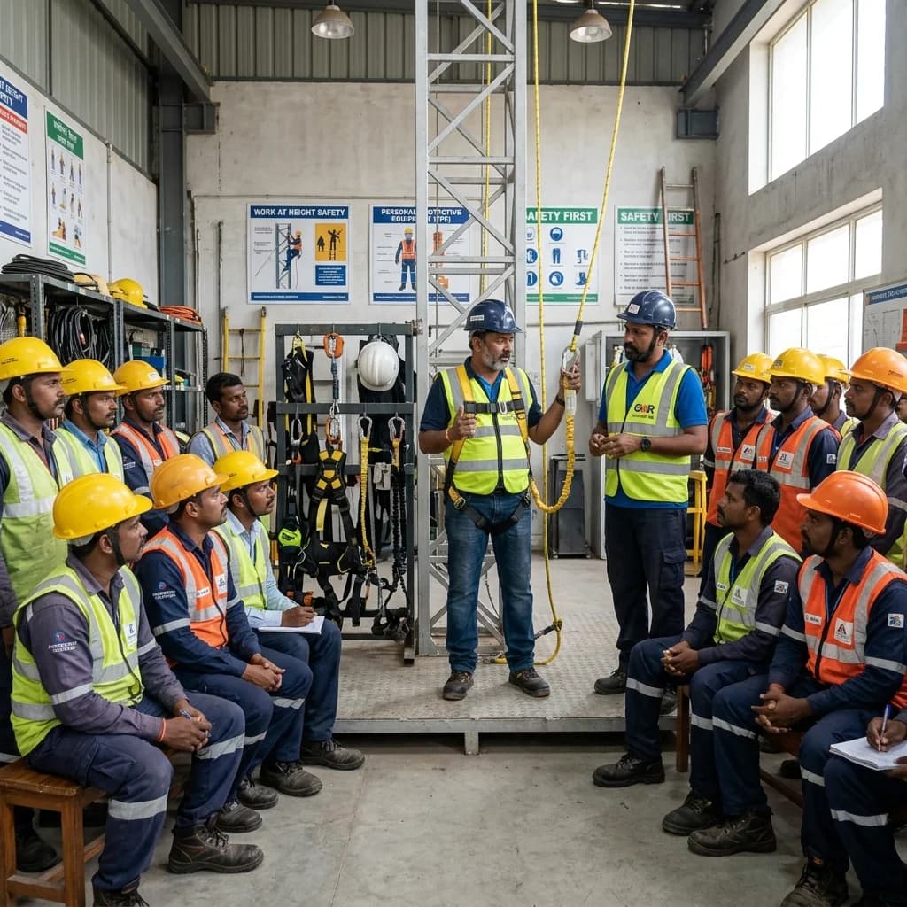 Height safety and PPE workshop session with full harness and fall-arrest gear