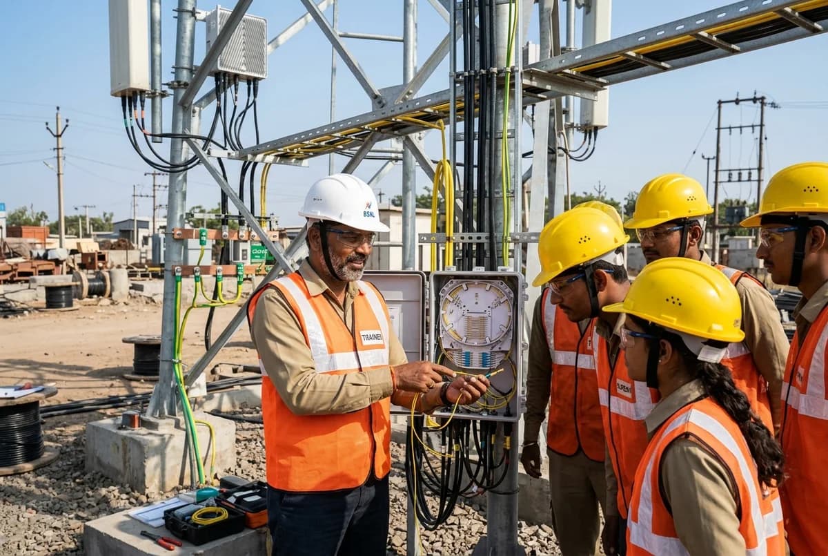 Professional outdoor telecom field team training with RF and fiber jumper gear